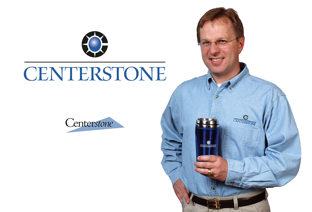 Centerstone logo (old and new) and branded shirt and cup